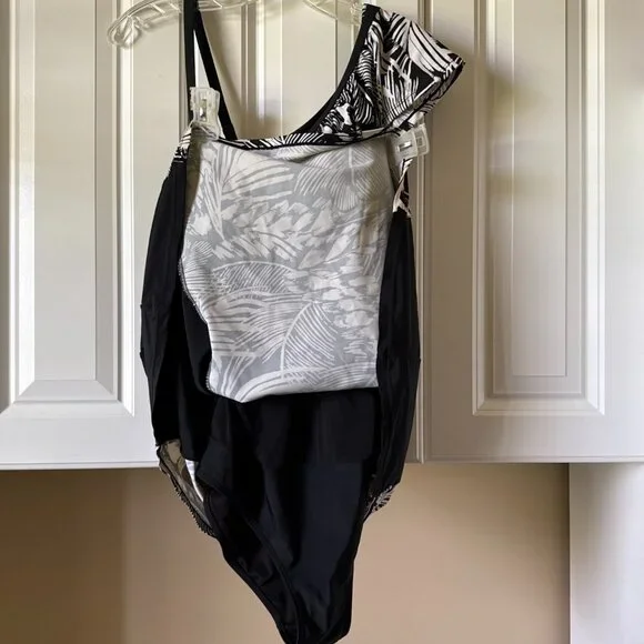 Unbranded Swimdress 1 Piece Adjustable Straps Blk & Wht Tropical Print Size XL - Picture 10 of 12